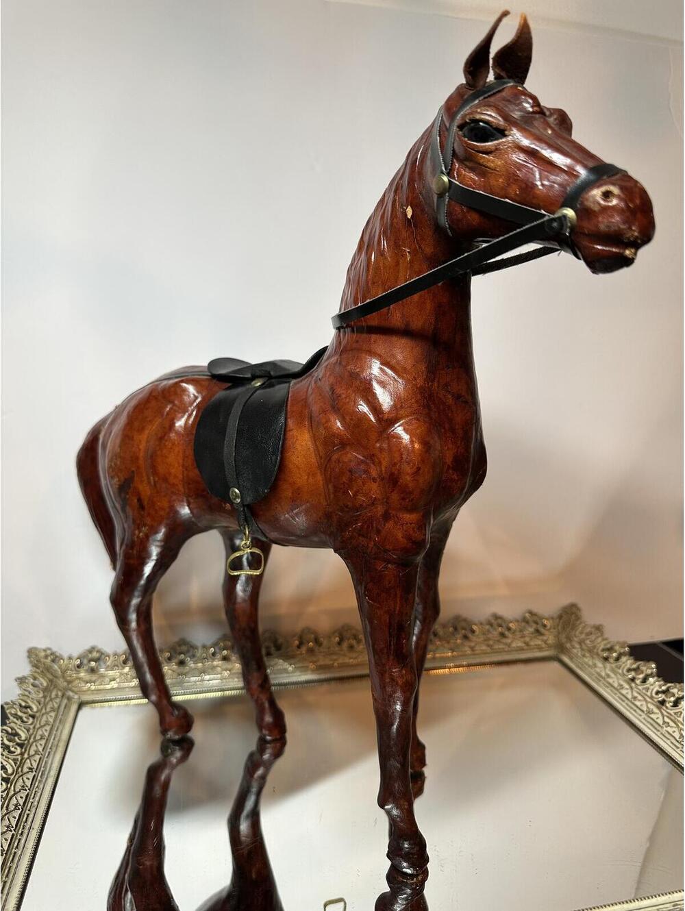 Vintage Decorative Horse Statue Made of Brown Leather